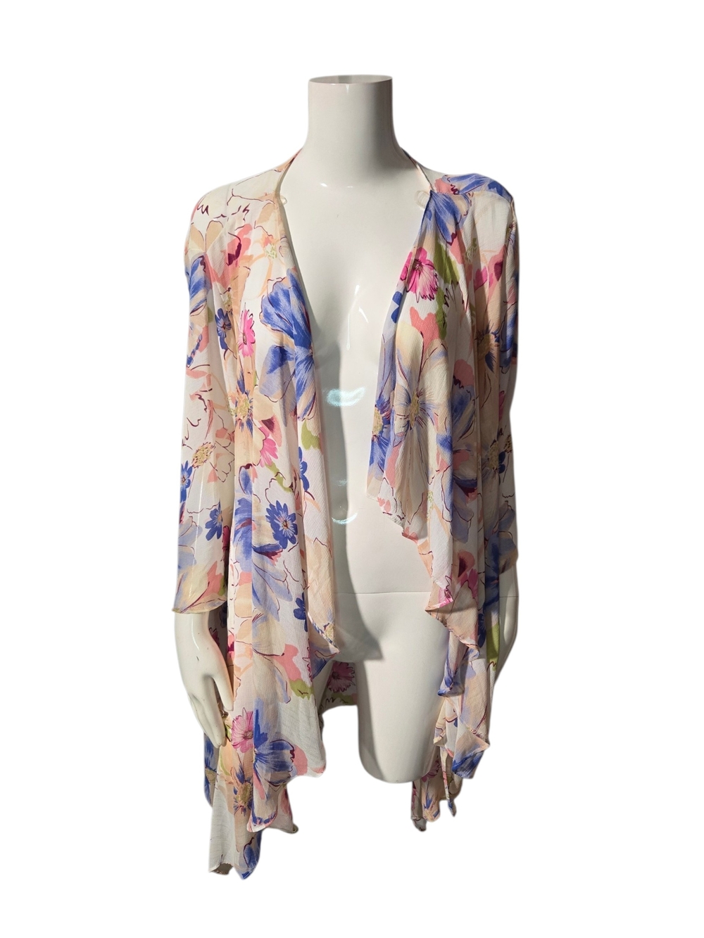 Hummingbird Floral Sheer Draped Kimono - Blue, Pink, Cream